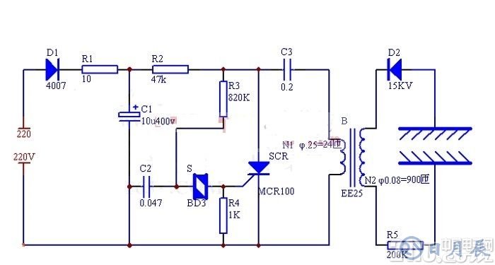 簡(jiǎn)易制作負(fù)離子發(fā)生器電路圖