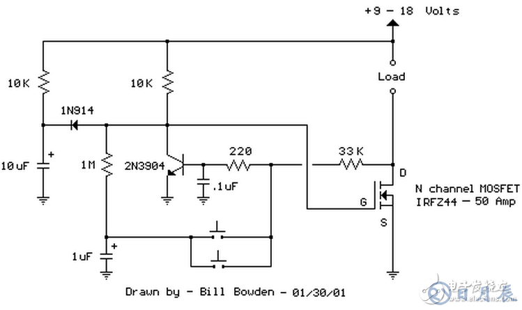 當(dāng)開關(guān)按下時，1uF電容被連接到220歐姆和33K電阻連接點，NPN晶體管截止，場效應(yīng)管導(dǎo)通開啟負載。釋放按鈕后，1uF電容通過1M電阻充電。第二次按下開關(guān)，1uF電容充電后的電壓被加載到NPN晶體管基極，晶體管導(dǎo)通，場效應(yīng)管關(guān)閉，負載斷電。